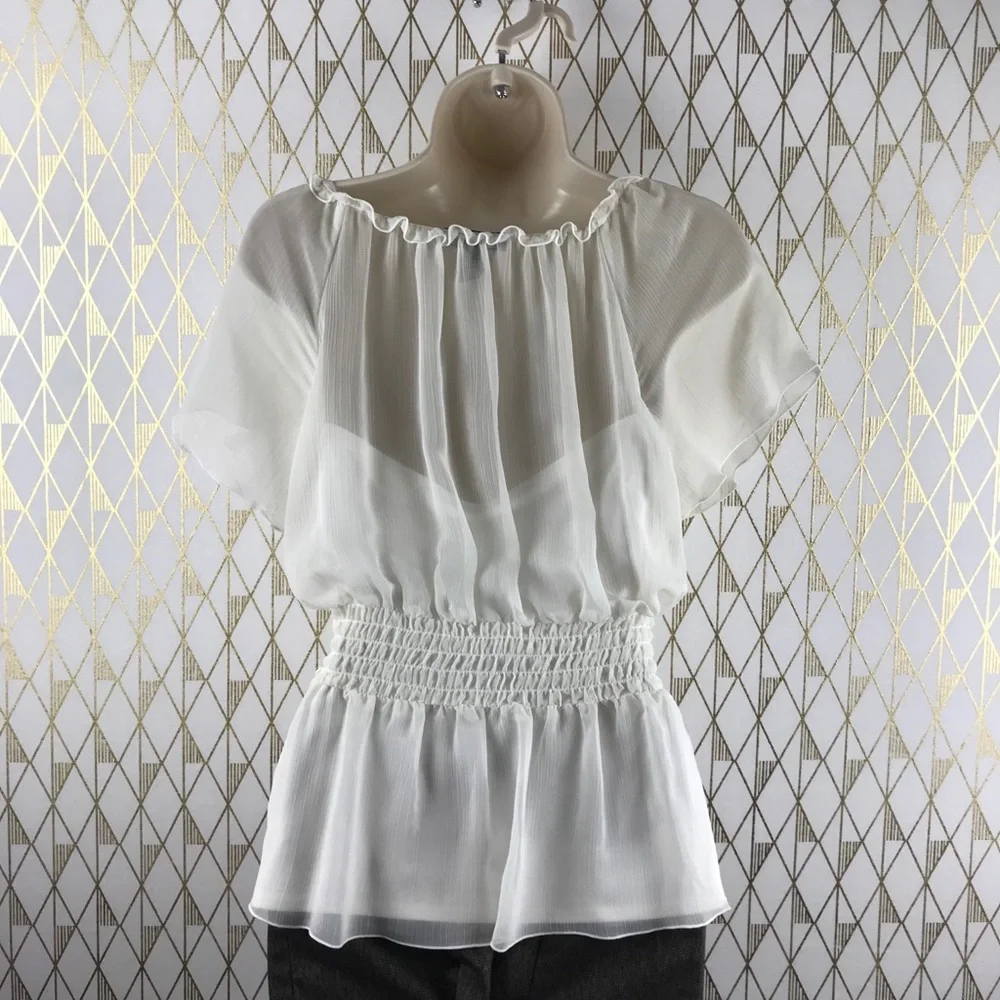 Flutter Sleeve Sheer Chic Cream Blouse Top - Picture 5 of 16